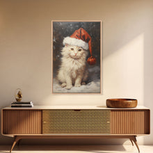 Cargar imagen en el visor de la galería, Christmas Cat In A Christmas Hat, Farmhouse Christmas, Farmhouse Decor, Framed Canvas Print, Seasonal Wall Art, Winter Decor, Christmas Art