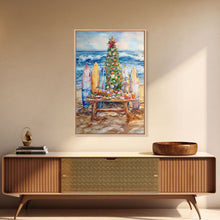 Cargar imagen en el visor de la galería, Christmas tree with surfboards on the beach, Framed Canvas Print tropical holiday wall art perfect beach Christmas decor holiday gift idea