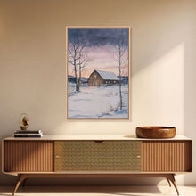 Load image into Gallery viewer, Barn In The Winter, Framed Canvas Print, Winter Landscape Print, Rustic Christmas Art, Primitive Decor