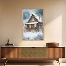 Load image into Gallery viewer, Beautiful Woods Cabin Framed Canvas Print, Extra Large Fall Decor, Mid Century Modern Winter Wall Art, Modern Christmas