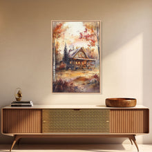 Load image into Gallery viewer, Beautiful Woods Cabin Framed Canvas Print, Extra Large Fall Decor, Mid Century Modern Autumn Wall Art, Modern Christmas