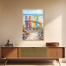 Cargar imagen en el visor de la galería, Christmas Surfboards On A Snowy Beach, Framed Canvas Print, Tropical / Nautical Christmas Art or Gift Idea, Christmas Poster