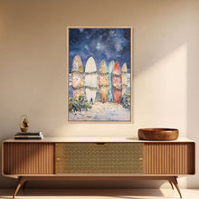 Cargar imagen en el visor de la galería, Christmas Surfboards On A Snowy Beach, Framed Canvas Print, Tropical / Nautical Christmas Art or Gift Idea, Christmas Poster