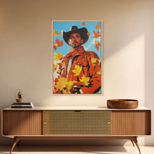 Load image into Gallery viewer, Autumn Cowboy Holiday Decor Framed Canvas Print with Leaves, Colorful Seasonal Wall Art Gift Idea 2024