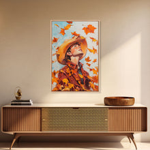 Load image into Gallery viewer, Cowboy Fall Decor Canvas Print with Windblown Leaves, Rustic Farmhouse Autumn Holiday Wall Art Seasonal Gift Idea 2024