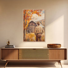 Carregar imagem no visualizador da galeria, Autumn Cowboy Barn Framed Canvas Print - Fall Harvest Country Wall Art Best Gift Idea 2024 Rustic Farmhouse Decor