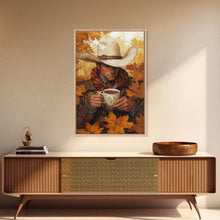 Load image into Gallery viewer, Cowboy Holding Hot Drink Framed Canvas Print - Moody Winter Landscape Art Perfect 2024 Christmas Wall Decor