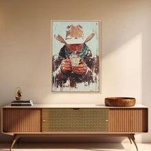 Load image into Gallery viewer, Cowboy Riding Horse in Winter Forest Framed Canvas Print - Moody Winter Landscape Art Perfect 2024 Christmas Home Decor