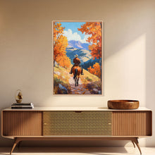Load image into Gallery viewer, Cowboy Riding Through Autumn Mountains Framed Canvas Print Fall Landscape Art Christmas Decor Seasonal Wall Art Cowboy Christmas Gift Idea
