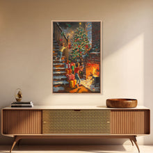 Cargar imagen en el visor de la galería, Children Hanging Stockings By The Fireplace Framed Canvas Print Tall Art With Christmas Tree, Nostalgic Christmas Wall Art Holiday Decor