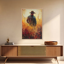 Load image into Gallery viewer, Cowboy in Golden Wheat Field Canvas Print, Western Landscape Art Gift, Seasonal Decor, Modern, Perfect Holiday Gift, Framed Canvas Print