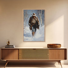 Load image into Gallery viewer, Cowboy Riding Horse in Snowy Forest Canvas Print, Winter Wall Art, Western, Rustic Christmas Wall Art, Seasonal Holiday Decor, Canvas Print