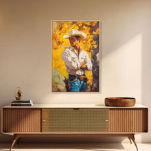 Load image into Gallery viewer, Cowboy with Autumn Foliage Canvas Print, Vibrant Fall Decor, Perfect Fall Wall Art, Seasonal Home Decor, Western Art, Framed Canvas Print