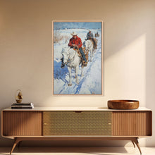 Load image into Gallery viewer, Cowboy Riding Horses in Snow Canvas Print, Winter Wall Art, Rustic Christmas Decor, Holiday Gift Idea, Seasonal Art, Framed Canvas Print