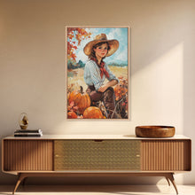 Load image into Gallery viewer, Country fall harvest framed canvas print pumpkins and a serene autumn landscape perfect seasonal wall art for rustic farmhouse home decor