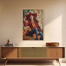 Carregar imagem no visualizador da galeria, Fall Cowgirl Enjoying Her Swing, Framed Canvas Print, Autumn Decor, Cute Wall Art Gift Idea