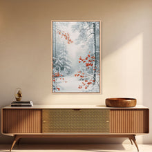 Carregar imagem no visualizador da galeria, Canvas Print of Winter Wonderland with Red Leaves in Snow, Winter Wall Art, Best Gift Idea, Moody Landscape, Christmas Home Decor