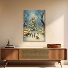 Cargar imagen en el visor de la galería, Christmas Tree Village Snowy Winter Scene Framed Canvas Print Christmas Wall Art Christmas Decor Christmas Tree Art Holiday Gift Winter Art
