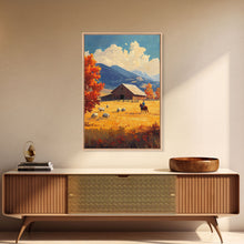 Load image into Gallery viewer, Cowboy Herding Cattle Framed Canvas Print Rustic Autumn Landscape With Barn And Vibrant Fall Colors Perfect Country Christmas Decor Art