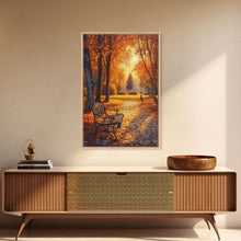Carregar imagem no visualizador da galeria, Autumn Park Bench Scene With Trees And Lamppost Framed Canvas Print Wall Art Fall Decor, Rustic Autumn Art Gift, Seasonal Canvas Art