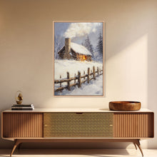 Load image into Gallery viewer, Rustic Cabin In Snow Framed Canvas Print Wall Art Christmas Home Decor, Winter Landscape Art, Cozy Winter Cabin Scene