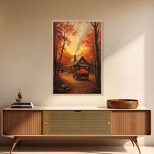 Carregar imagem no visualizador da galeria, Autumn Cabin with Pumpkins Framed Canvas Print, Warm Fall Countryside Scene with Golden Leaves, Cozy Rustic Farmhouse Wall Art Decor