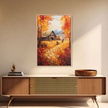 Carregar imagem no visualizador da galeria, Autumn Barnyard Framed Canvas Print, Vibrant Fall Landscape Cowboy and Barn, Perfect Rustic Wall Art Farmhouse or Ranch Style Fall Decor