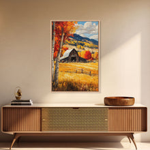 Load image into Gallery viewer, Countryside Barn in Autumn Framed Canvas Print, Bright Fall Landscape Birch Trees, Rustic Wall Art Country Home or Farmhouse Autumn Decor