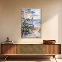 Cargar imagen en el visor de la galería, Coastal Christmas Tree Framed Canvas Print, Festive Holiday Decor Tree Beach and Ocean View, Nautical Wall Art Tropical Christmas Decor
