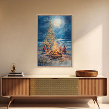 Cargar imagen en el visor de la galería, Christmas by the Bonfire Framed Canvas Print Family Gathering Around Christmas Tree Beach, Coastal Holiday Wall Art Nautical Christmas Decor