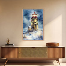 Load image into Gallery viewer, Snowy lighthouse under moonlit sky with wreath, Framed Canvas Print, beach Christmas decor for winter wonderland, holiday wall art