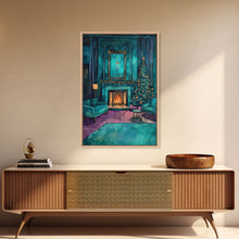 Load image into Gallery viewer, Cozy living room with Christmas tree and fireplace, Framed Canvas Print, Christmas wall art, perfect modern farmhouse holiday decor