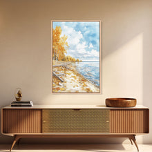 Load image into Gallery viewer, Autumn beach scene with golden trees and calm shoreline Framed Canvas Print, fall landscape art perfect autumn wall decor for rustic homes