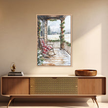Carregar imagem no visualizador da galeria, Farmhouse porch decorated with garland and cozy rocking chair, Framed Canvas Print winter decor idea for rustic home Christmas wall art
