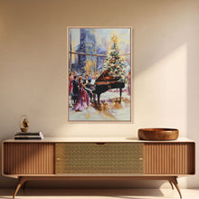 Load image into Gallery viewer, Elegant Christmas party with grand piano and city skyline view Framed Canvas Print, classy holiday wall art perfect seasonal decor idea