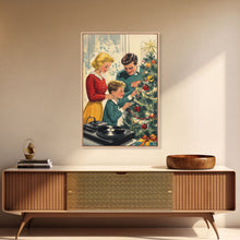 Carregar imagem no visualizador da galeria, Mid-Century Family Christmas Celebration with Turntable and Christmas Tree, Retro Holiday Wall Art, Framed Canvas Print