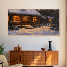 Carregar imagem no visualizador da galeria, Festive Log Cabin Winter Scene Framed Canvas Print Christmas Wall Art, Rustic Holiday Art, Cozy Christmas Scene, Seasonal Wall Decor Gift