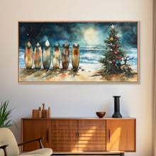 Carregar imagem no visualizador da galeria, Canvas Print Surfboards and Christmas Tree at Beach, Tropical Christmas Decor, Beach Christmas Art, Coastal Holiday Wall Art