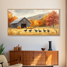 Carregar imagem no visualizador da galeria, Framed Canvas Print Rustic Barn with Pumpkins and Turkeys, Perfect Autumn Farmhouse Decor, Fall Wall Art, Country Autumn Scene