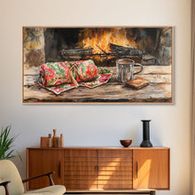 Carregar imagem no visualizador da galeria, Canvas Print Cozy Fireplace with Christmas Blanket and Mug, Rustic Christmas Decor, Holiday Home Art, Warm Christmas Wall Art
