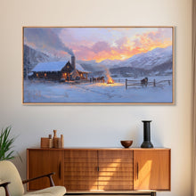 Load image into Gallery viewer, Cozy Snowy Log Cabin Tall Art Framed Canvas Print Winter Home Decor With Warm Fireplace And Horse Rider Under A Beautiful Sunset Scene