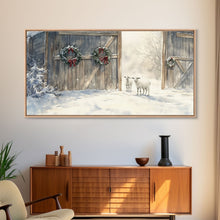 Load image into Gallery viewer, Christmas decor farmhouse Framed Canvas Print snowy barn Christmas scene holiday wall art best gift Christmas decor Christmas tree art 2024