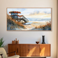 Cargar imagen en el visor de la galería, Christmas vacation decor Framed Canvas Print coastal beach cabin snowy winter landscape holiday decor gallery wall Christmas wall print