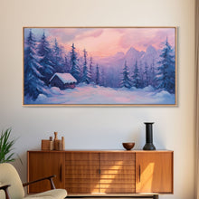 Load image into Gallery viewer, Cozy Cabin Surrounded By Winter Trees Tall Art Framed Canvas Print Serene Snowy Forest Cabin Landscape With Warm Interior Lights