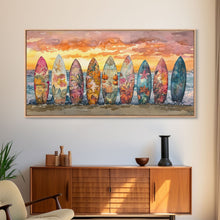 Carregar imagem no visualizador da galeria, Fall Surfboards Beach Art Print Canvas Wall Art Autumn Surfboard Beach Scene Seasonal Wall Art Framed Canvas Print Fall Beach Decor