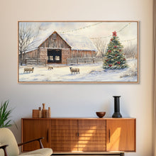 Cargar imagen en el visor de la galería, Christmas Barn Snow Sheep Canvas Print Christmas Farmhouse Decor Rustic Christmas Wall Art Framed Canvas Print Christmas Outdoor Decor