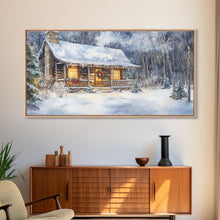 Load image into Gallery viewer, Snowy cabin Christmas decor, winter wonderland wall art, rustic farmhouse Christmas print, cozy country home decor, framed canvas print