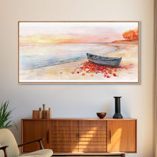 Carregar imagem no visualizador da galeria, Autumn beach landscape art, fall sunset wall art, coastal boat decor, beach fall home decor, seasonal wall art gift, framed canvas print