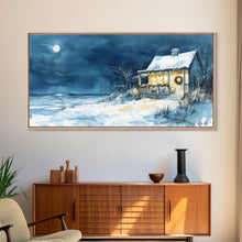 Cargar imagen en el visor de la galería, Coastal Christmas cabin decor, winter beach house art, snowy holiday seaside print, cozy Christmas wall art, framed canvas print