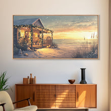 Cargar imagen en el visor de la galería, Christmas beach house decor, coastal holiday home art, seaside Christmas wall art, festive beach house print, framed canvas print